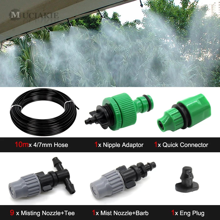 

MUCIAKIE 10M Garden Courtyard Misting Cooling Irrigation System Mist Nozzle Sprinkler Water Micro Drip Garden Tools Watering Kit