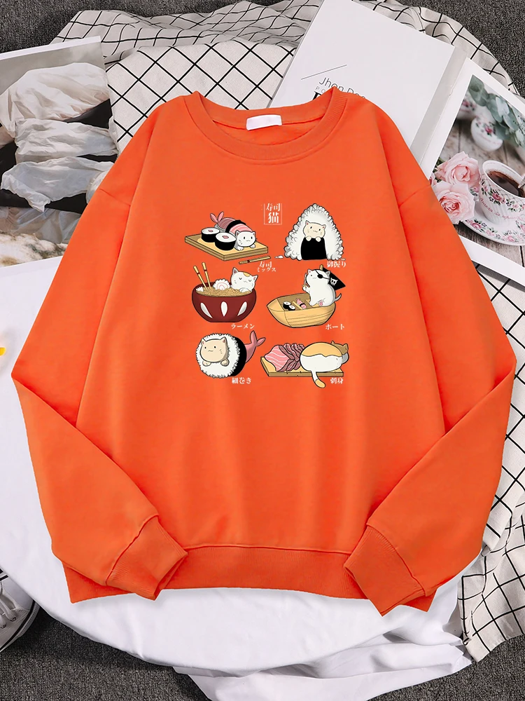 Cat Hiding In Sushi Print Hoodie Sweatshirts Streetwear Oversized Hooded Sweatshirt Woman Hip Hop Fashion Women O-Neck Hoodies