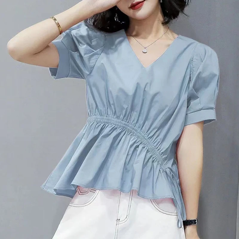 Shirts Women\'s New Summer Short Sleeve V Neck Solid Color Loose Pleated White Blouse Tops Temperament Fashion Women Clothing