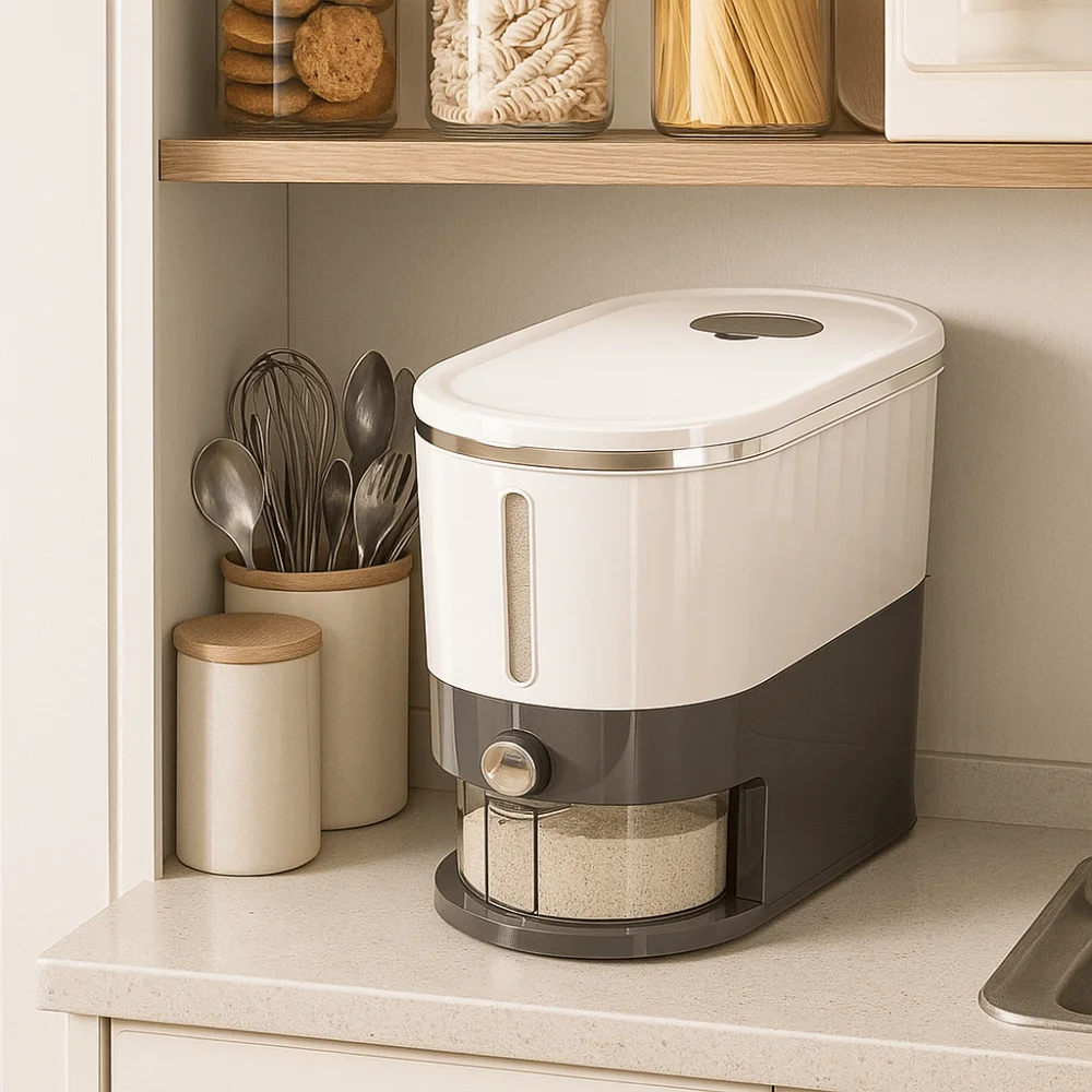 

Large Capacity Press Metering Rice Bucket Visible Design Anti-Insect Sealed Rice Container Plastic with Measuring Cup