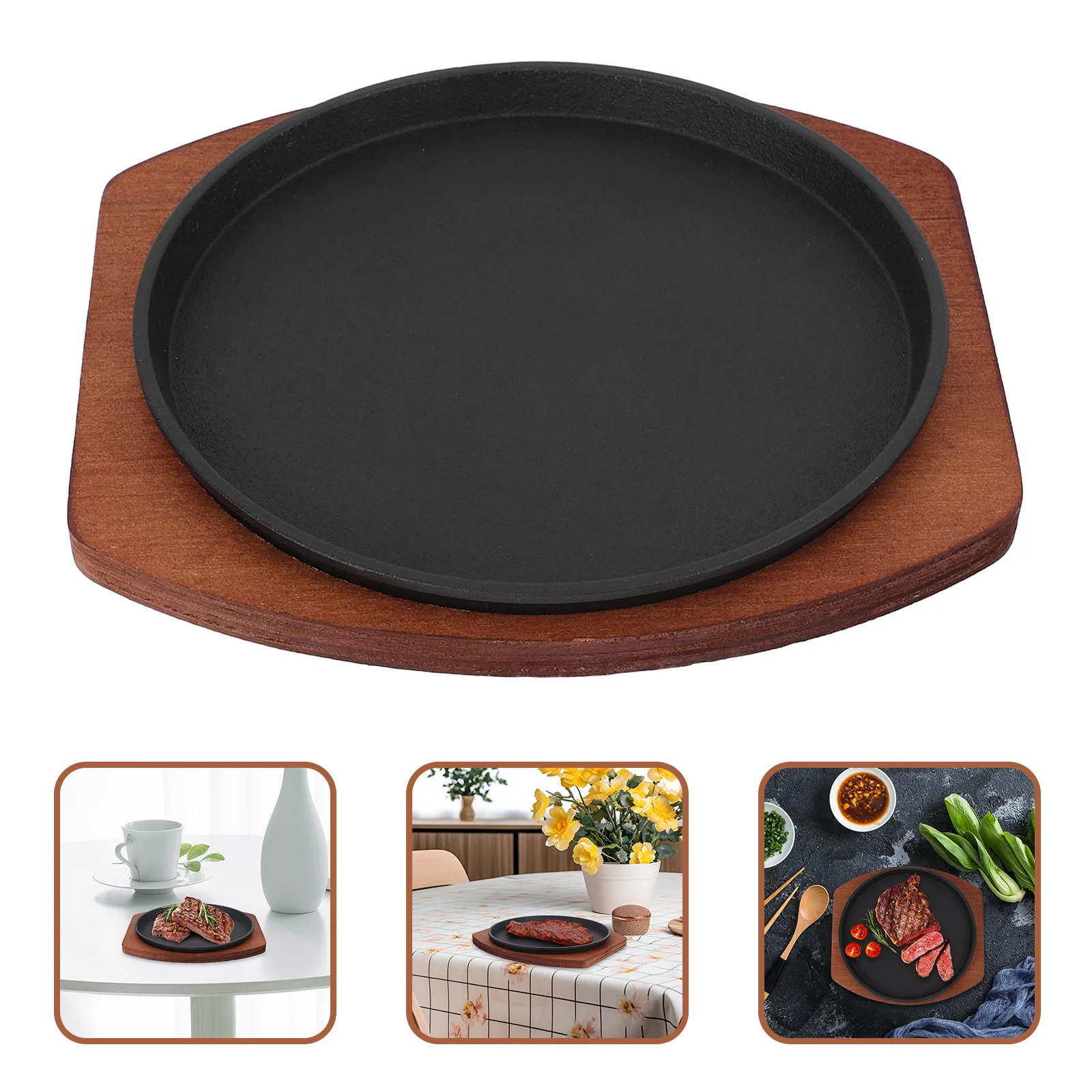 

19cm Cast Iron BBQ Griddle Pan with Wooden Tray Stovetop Grill Nonstick Fajita Plate for Induction Sizzle Steak Cooking Dish