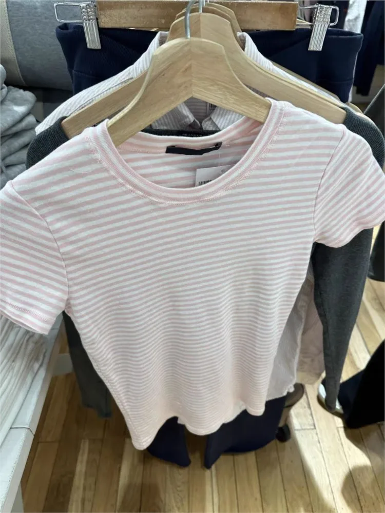 Sweet Pink Striped Short Sleeve Tees Women New Casual Slim O-neck Tshirts Tops Female Cute Preppy Style Streetwear T-shirts Y2K