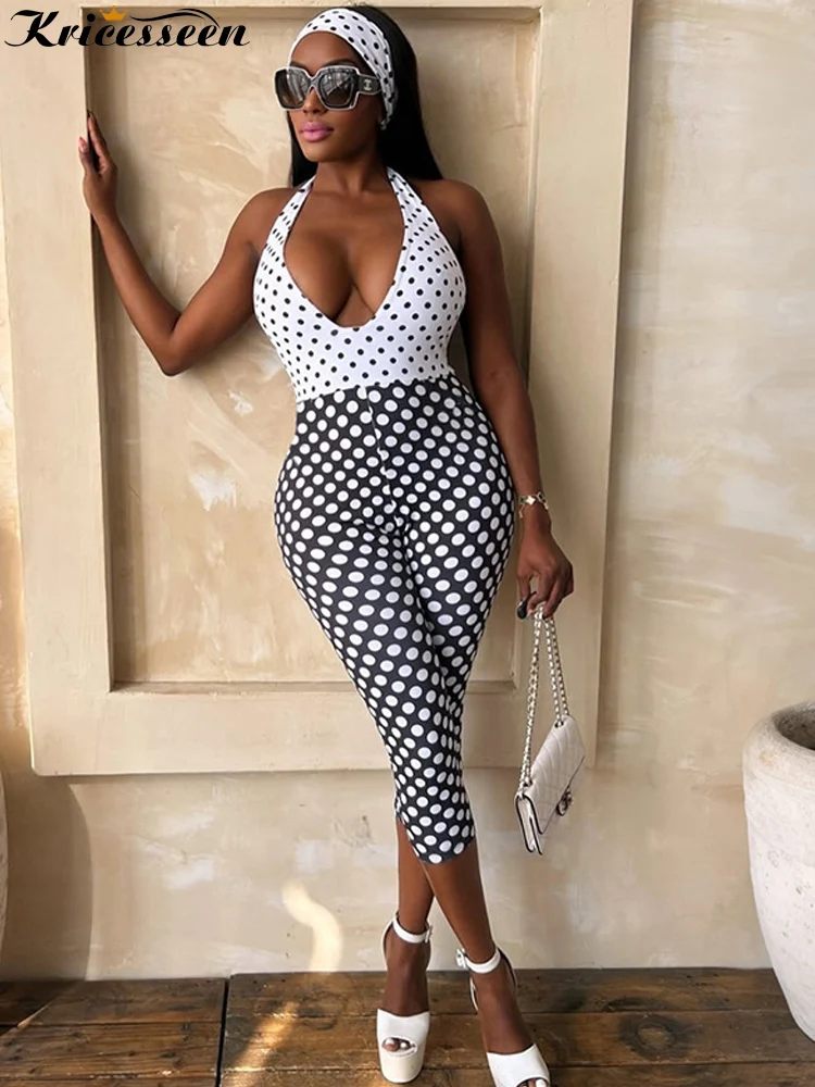 

Kricesseen​ Retro Polka Dot Jumpsuit Women Sexy Halter V-Neck Backless Romper Sleeveless Skinny Capri Jumpsuit Party Clubwear