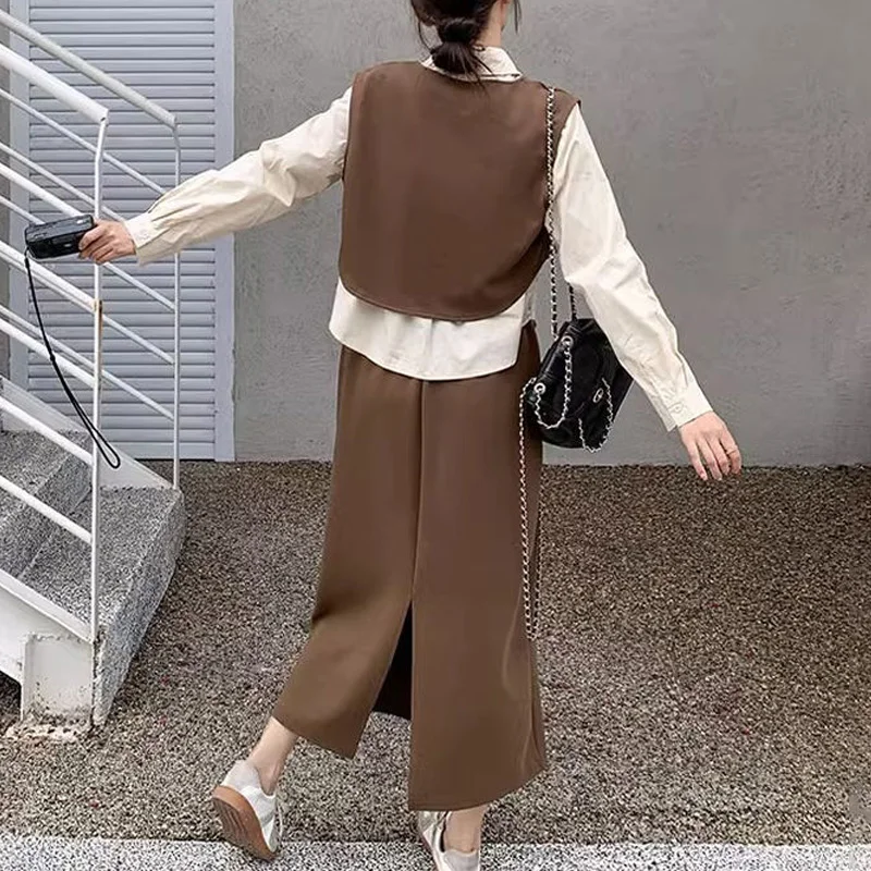 Spring Autumn Turn-down Collar Ladies Suits Long Sleeve Button Shirt Elastic Waist A-line Skirt Solid Color Casual Loose Vest