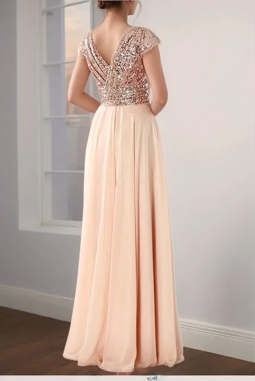 Summer New V-neck Sequined Chiffon Stitching Evening Dress Long Dress Concert Wedding Bridesmaid Dress Sweet A-line Skirt Gown