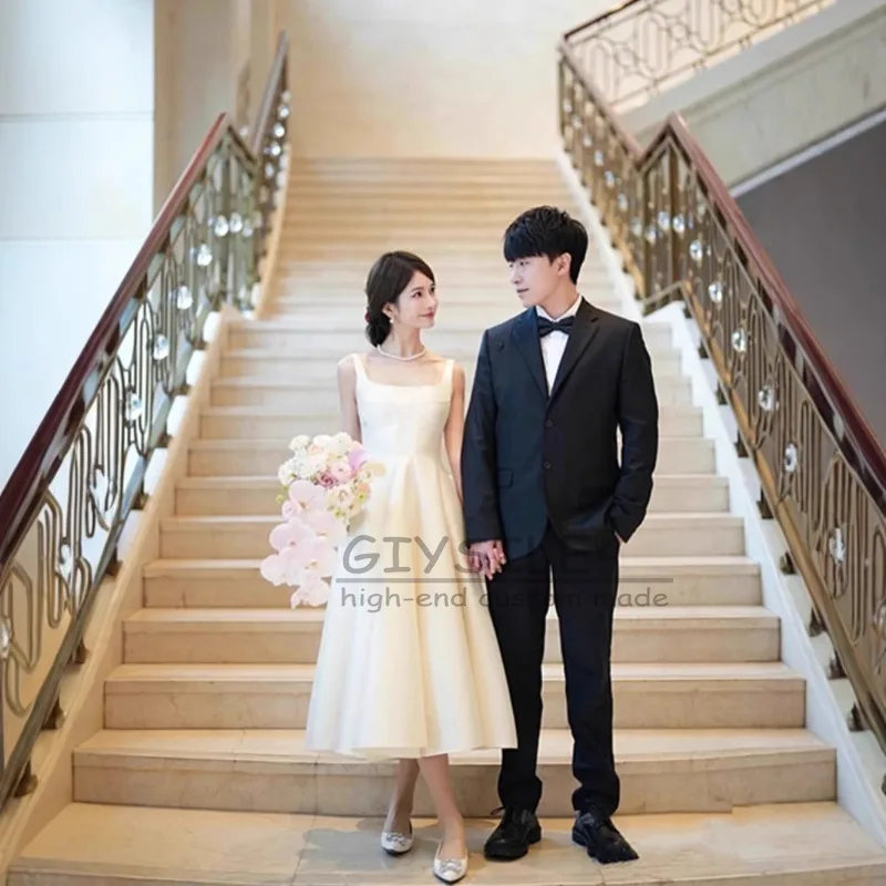 GIYSILE Abiti da sera posteriori con cinturino a trapezio senza maniche in raso leggero con colletto quadrato alla moda bianco personalizzato