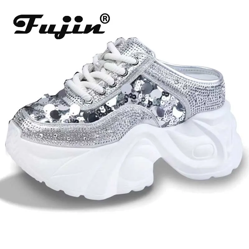 Fujin 7cm Air Mesh Hollow Synthetic Leather Leisure Breathable Summer Women Chunky Sneakers Mixed Color Slippers Platform Wedge