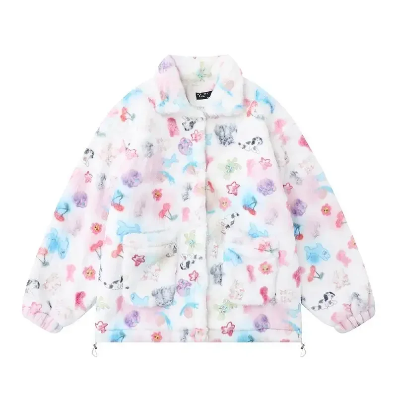 Winter Furry Parkas Women Dog Cartoon Printed Loose Casual Korean Outerwear Coats Female Thick Warm Pocket Lolita Kawaii Jackets