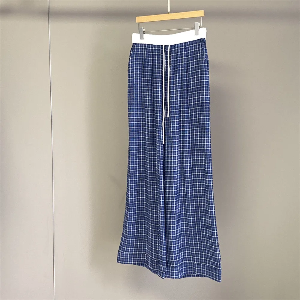 

Women's 25 Summer New Elastic Waist Blue Plaid Wide Leg Casual Pants