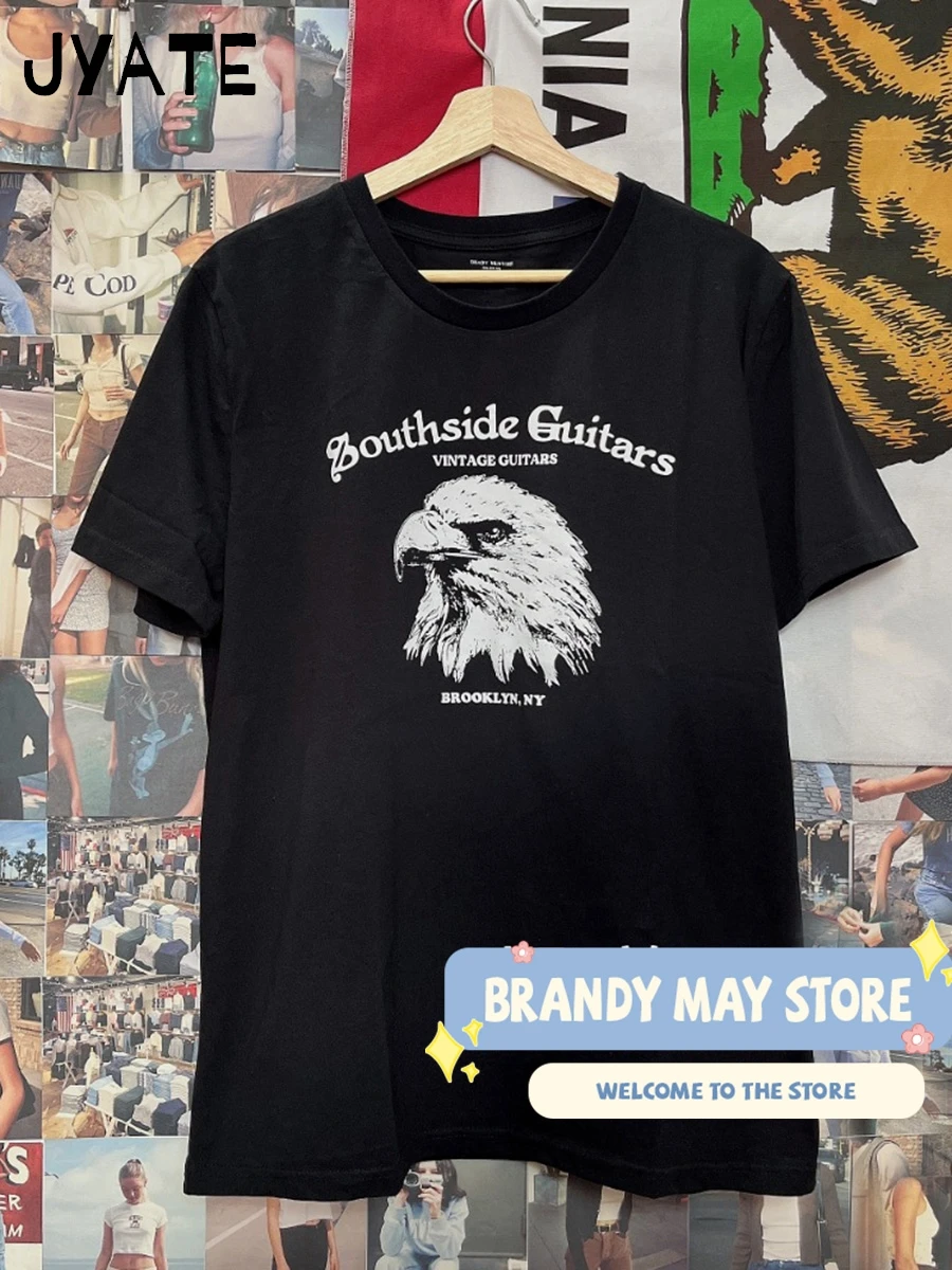 النسر طباعة الأسود فضفاض تي شيرت المرأة الصيف الشارع الشهير عادية نمط Preppy قصيرة الأكمام تي شيرت خمر Harajuku شيك تي شيرت Y2K