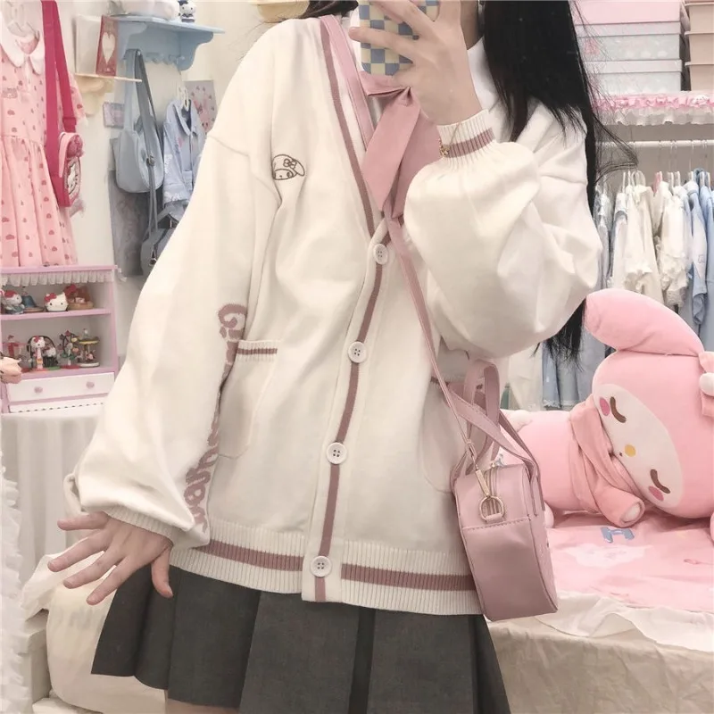 Melody Japanese JK Uniform Cute Soft Girl Loose Cinnamoroll Embroidered Long Sleeve Cropped Cardigan Student Knitted Cardigan