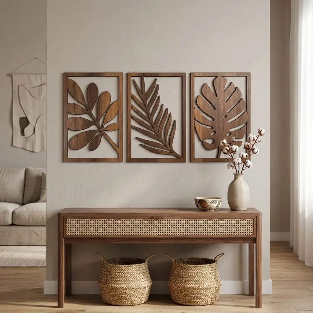 3Pcs Rustic Wooden Tropical Leaves Wall Sign Farmhouse Cutout Leaf Monstera Wall Panel Set Artistic Botanical Pattern