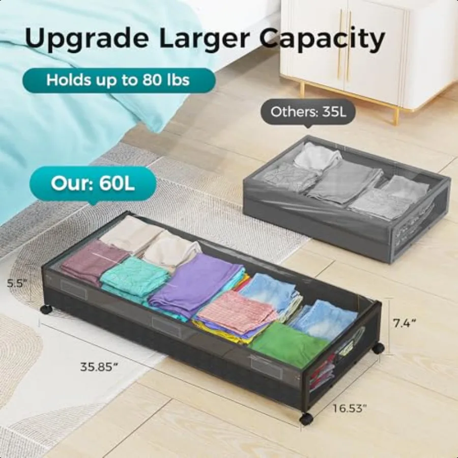 Large Under Bed Storage with Wheels Metal Under Bed Storage Containers with Clear Lid Handle Rolling Under Bed Shoe Storage Dra