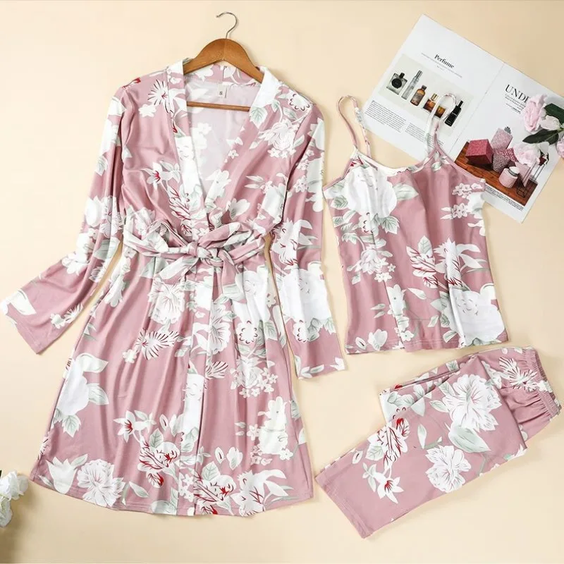 Casual Home Wear, Women's Nightgown, Camisole, Nightgown, Long Pants Three Piece Set, 2025 New Breathable Thin Version, Pink
