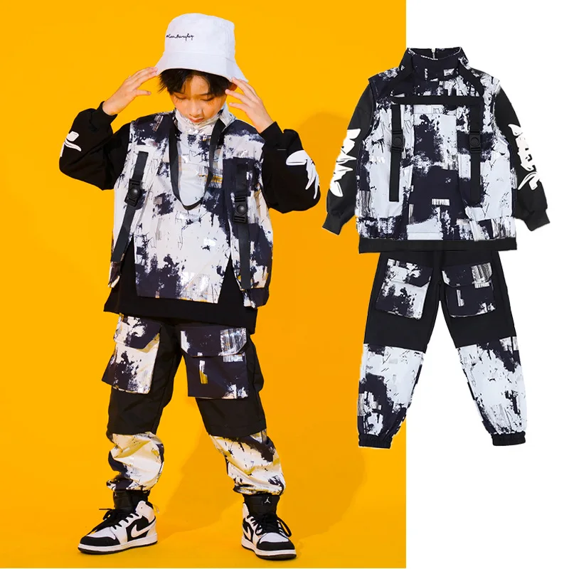 Boy Hip Hop Ink Wash Printed Vest Cargo Pants Kids Joggers Street Dance Girls Clothes Sets Child Jazz Costumes Streetwear Outfit