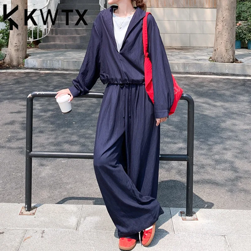 

KWTX 2025 New Navy Blue Women's 2 Piece Set Notch Lapel Fake Two Piece Top Wide Leg Pants Suit Spring Summer Fashion
