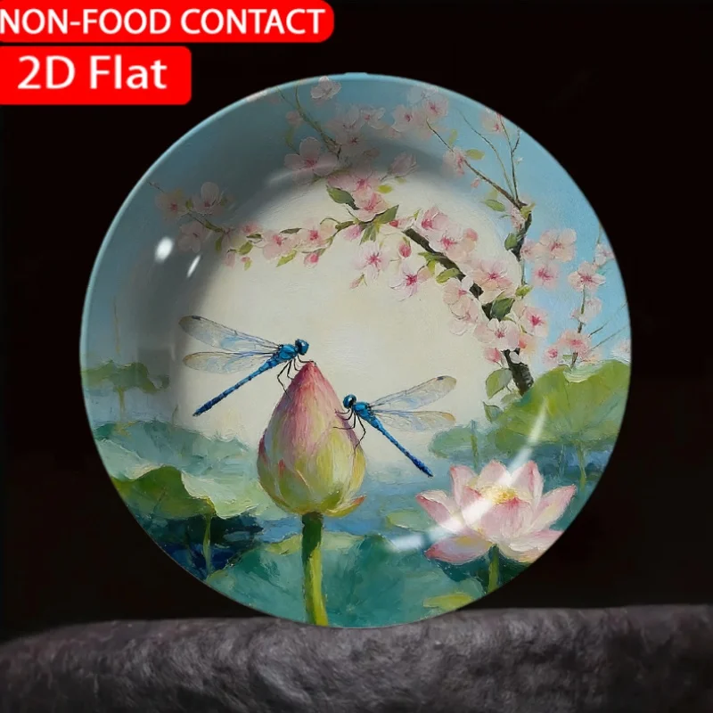 1pc Retro Artistic Dragonfly Lotus Pink Ceramic Plate Non-Food Contact, Home Desk Ornaments, Living Room And Bedroom