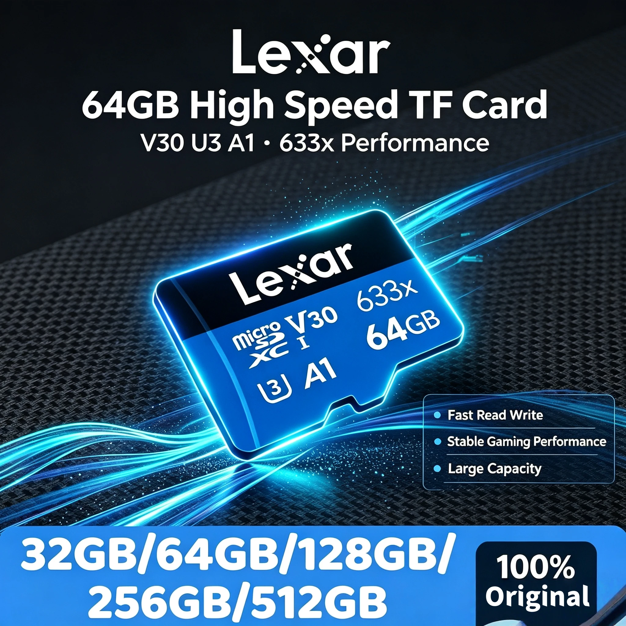 Lexar 633x Micro SDXC Card 128GB 256GB 64GB V30 U3 C10 A1 100MB/s For Action Camera Smartphone Tablet High Performance