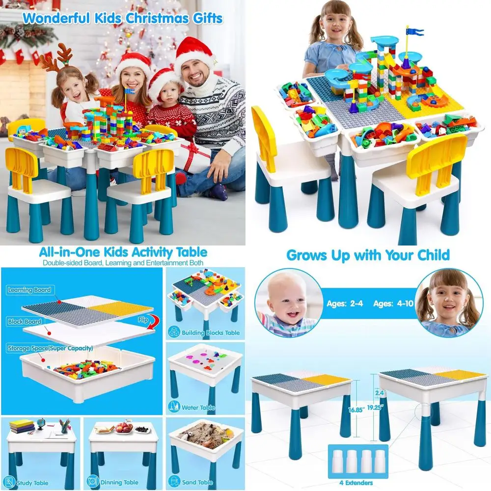 طاولة تشغيل رخامية للأطفال الكل في واحد مع مكعبات بناء مكونة من قطعتين، ومجموعة طاولة وكرسي للأطفال الصغار، وألعاب تعلم الجذعية للأعمار من 3 إلى 6 سنوات #1