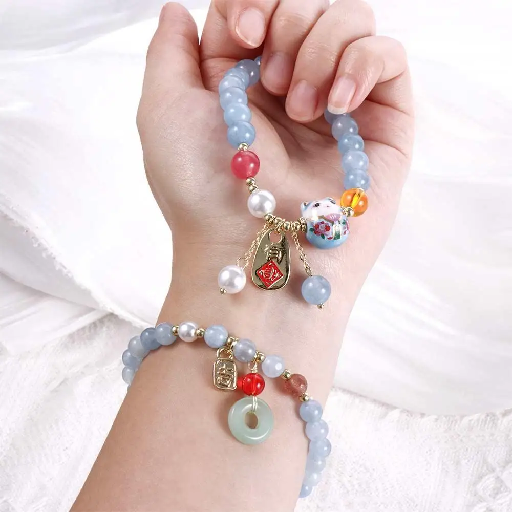 Fortune Cat Blue Maneki Neko Lucky Cat Pendant Crystal Female Hand Chain Stone Bracelets Korean Style Bracelets Bead Bracelets