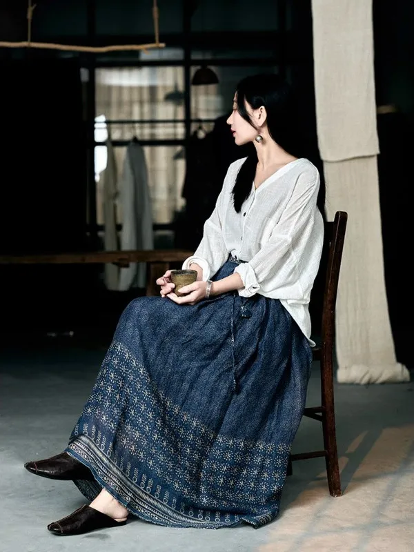 

High-End Retro Distred Cotton Linen f Skirt with Print Patchwork Ethnic Sle for Spring Summer Women's Faion