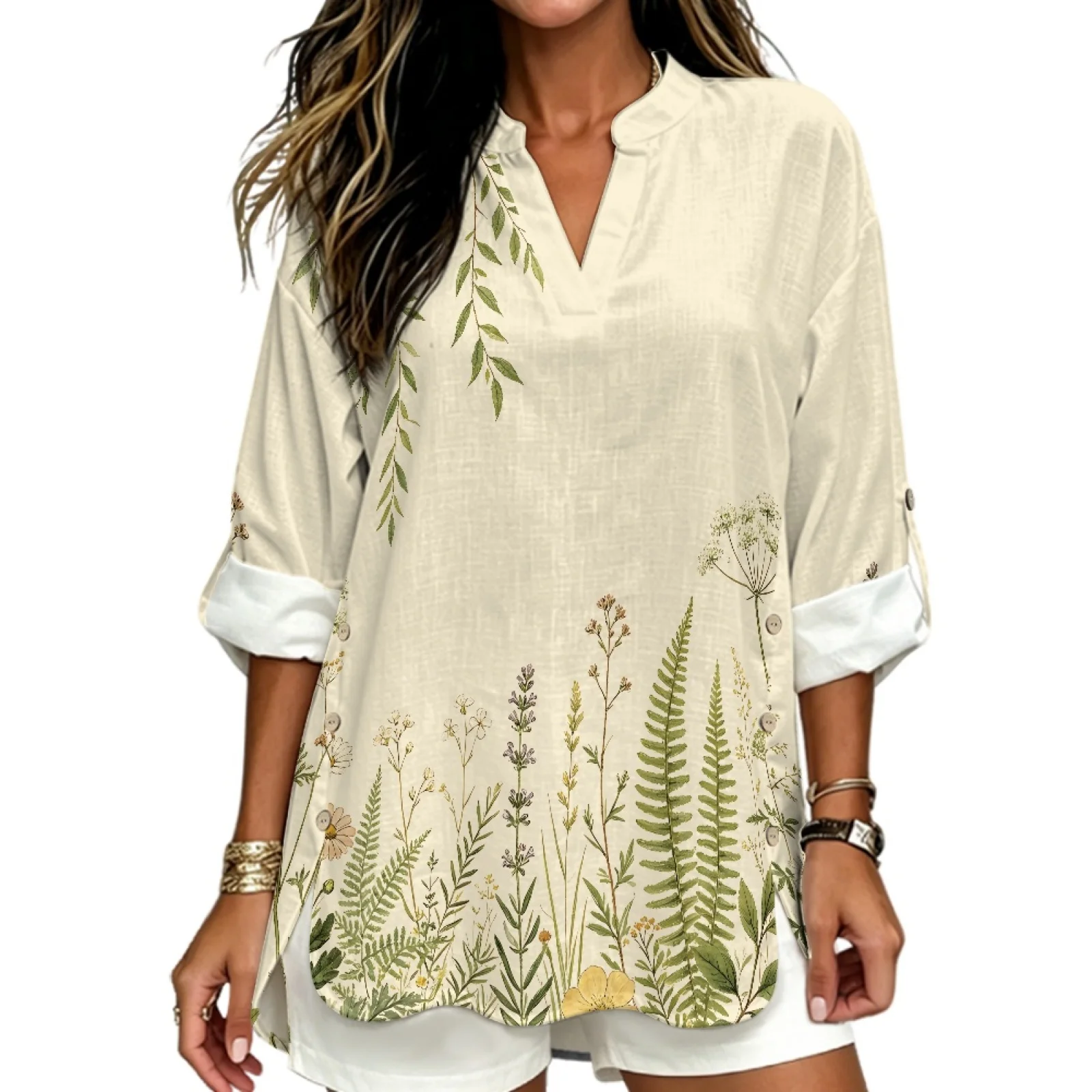 INSTANTARTS Camisa de lino con cuello en V para mujer, blusa transpirable de manga larga, puños enrollables, ligera, cómoda, suave, con estampado de flores retro