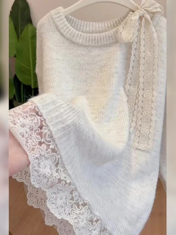 

plus Size 300 Pou Lace Splice Long Sve Side Knot Sweater Women Autumn Winter Soft Sle Knitted irt Casual ...