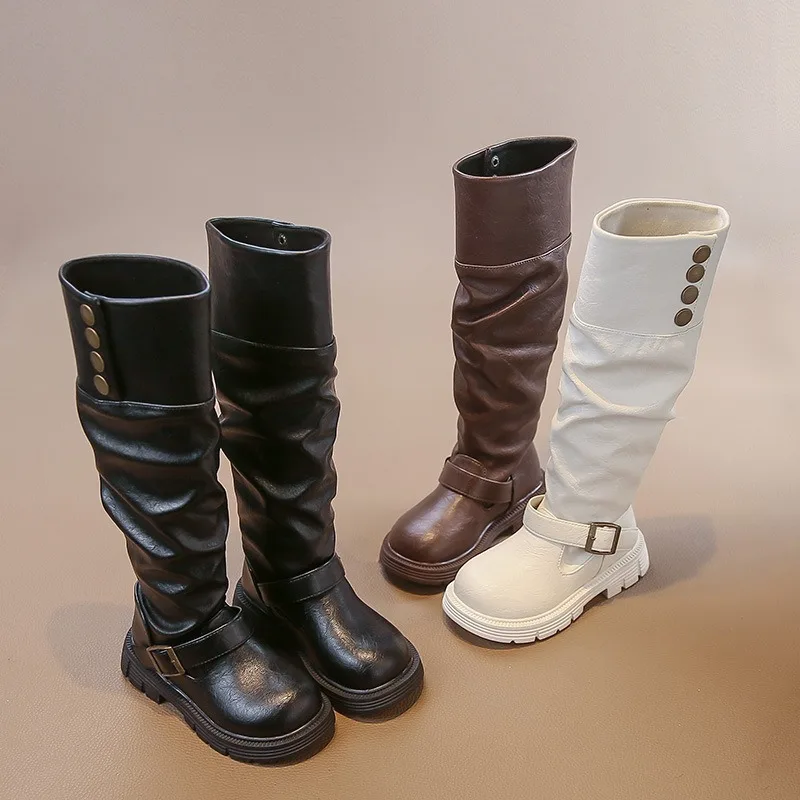 

2025 Autumn/Winter Girls' New High Top Plush Long Boots Fashion Buckle Personalized Warm Knight Boots Children's Single Boots