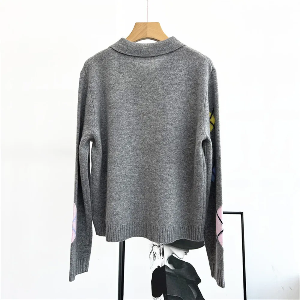25 Autumn/Winter New Women's Sweater Diamond Check Contrast Pullover Lapel Button Long Sleeve Cashmere Knitted Top