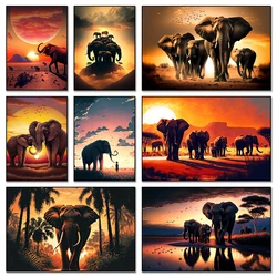 VintageWild Elephants Sunset Landscape Elephant Animal Art Posters Canvas Painting Wall Prints Pictures Living Room Home Decor