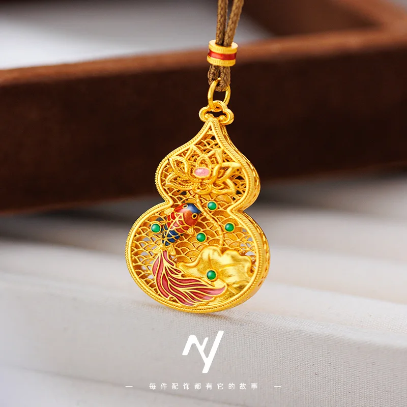 

Pure gold 999 Lucky Gourd Fortune and Prosperity pendant Enamel Colorful Flower Silk Carp Lotus Gourd necklace for