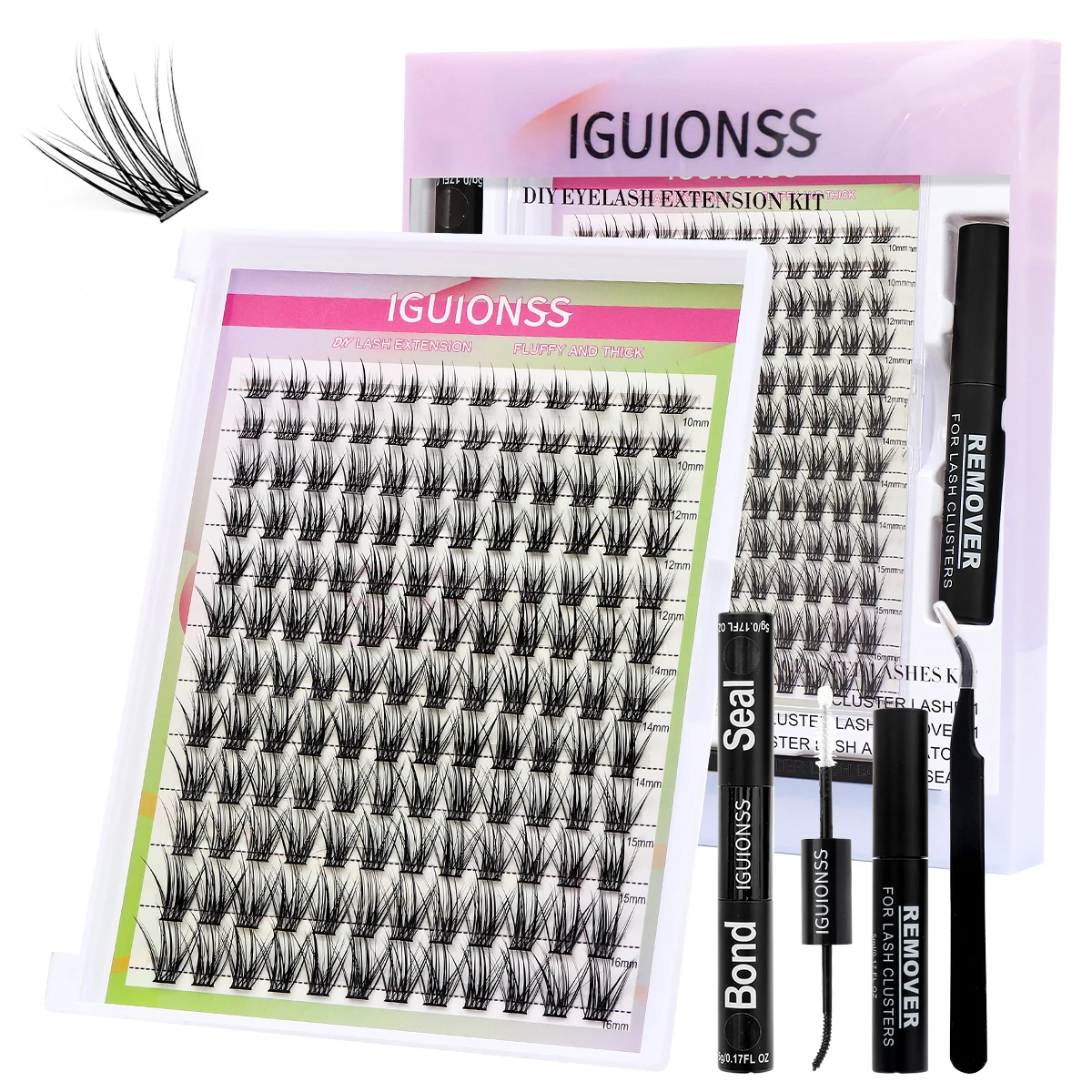 Fake eyelash self-adhesive set 2350 fluffy with strong eyelash adhesive and sealant, as well as tweezers and debonding tools.