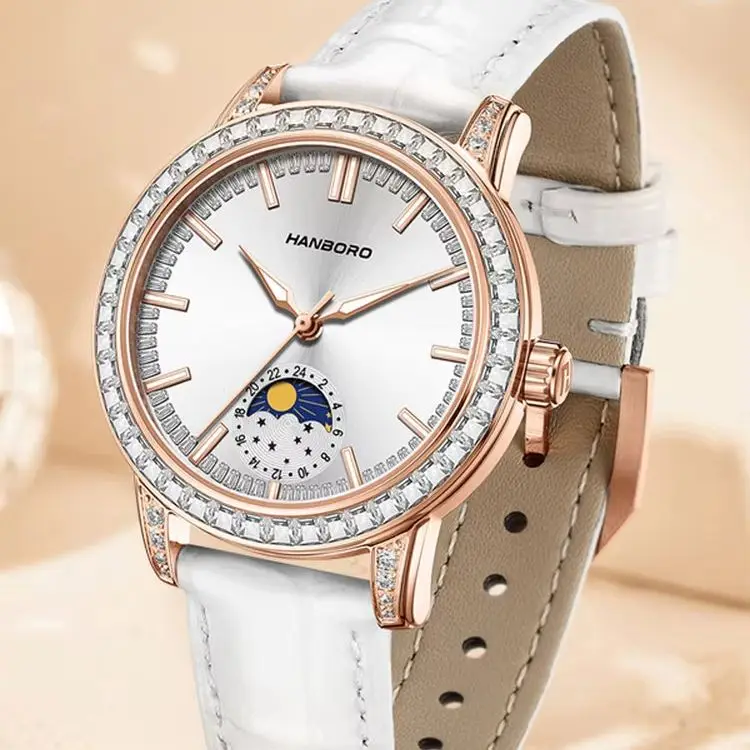 HANBORO Women Quartz Watch Vintage 34mm Ladies Wristwatch Luminous Sapphire Mirror Sun-moon Dial