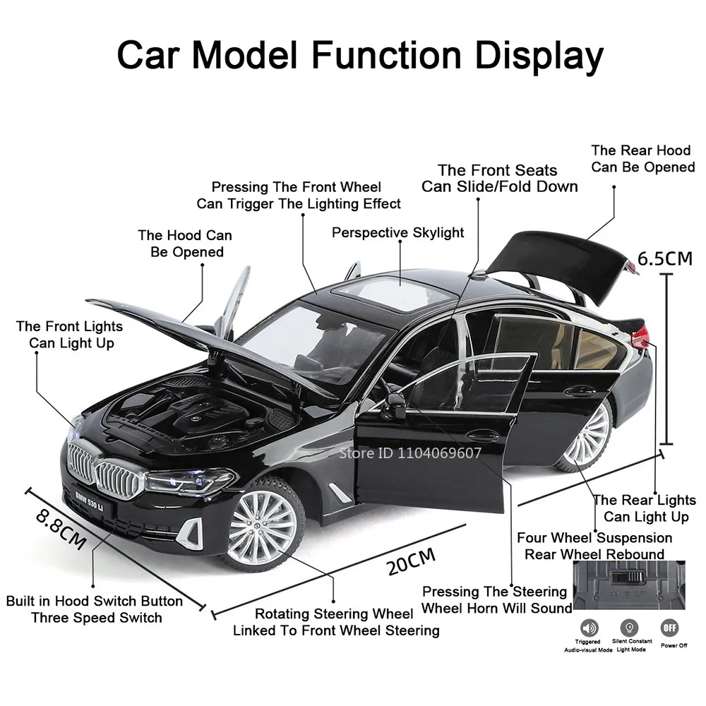 1:24 530LI 760LI Toy Car Models Metal Diecast Shock Absorption Pull Back Sound Light Exquisite Interior Model Toys for Childre