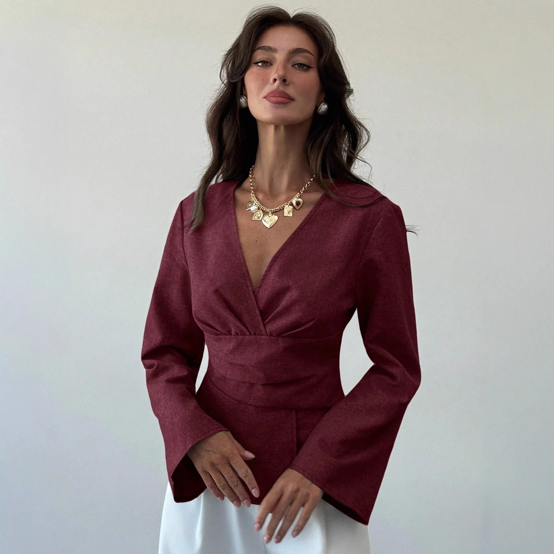 

New Foreign Trade Solid Color Waist V-neck Temperament Mature Versatile Irregular Design Top Bottoming Shirt