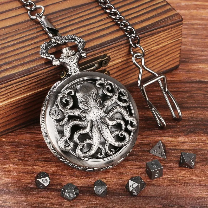 

Retro hollowed out octopus pocket watch&mini metal polyhedral dice set 6mm desktop game dice without dial pocket watch