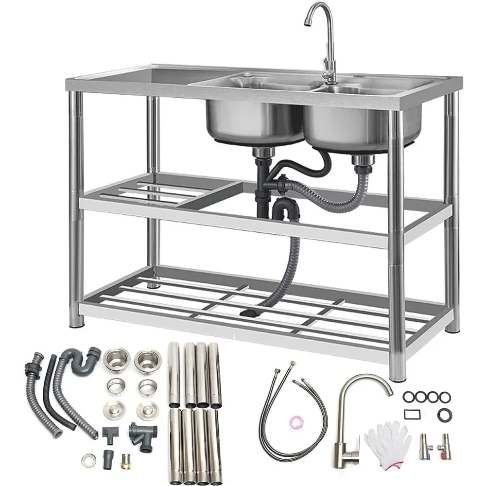 

Универсальная мойка, коммерческая кухонная мойка из нержавеющей стали с 2 отделениями и сливным доском — расширенный размер 47 x 33 x 1