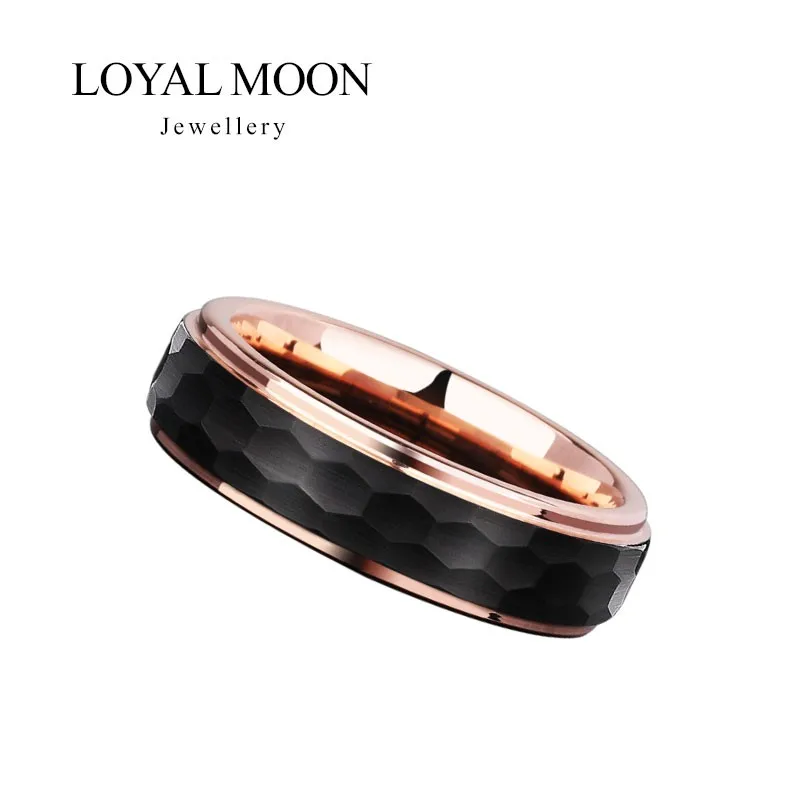 Loyal Moon Tungsten Rings For Men Women Brushed Black Plating Rose Gold Inside, 6mm Width, Customized