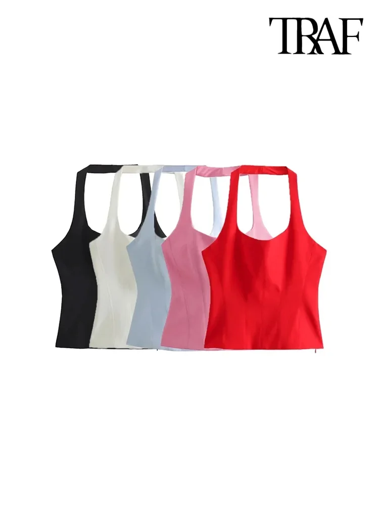 TRAF-Women's Backless Halter Fitted Tank Tops, Female Camis, O Neck, Side Zipper, Sexy Fashion