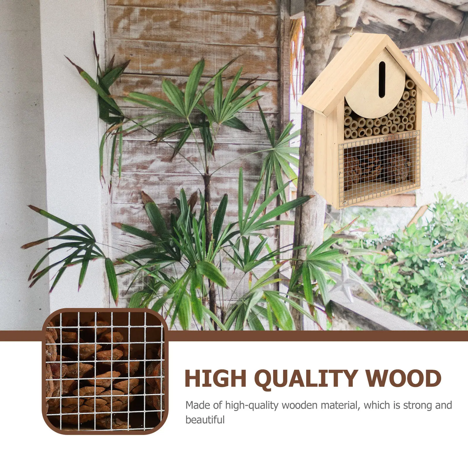 Wooden Insect Nest Hanging Bee House for Garden Outdoor Decorative Bee Breeding Shelter Habitat Cabin Hanging Room
