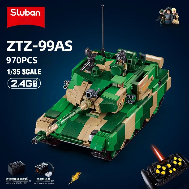 New 970PCS WW2 Military Remote Control ZTZ-99AS Tank  Building Blocks Model Soldier Weapon Sticker Gift Bricks Kids Toys For Boy