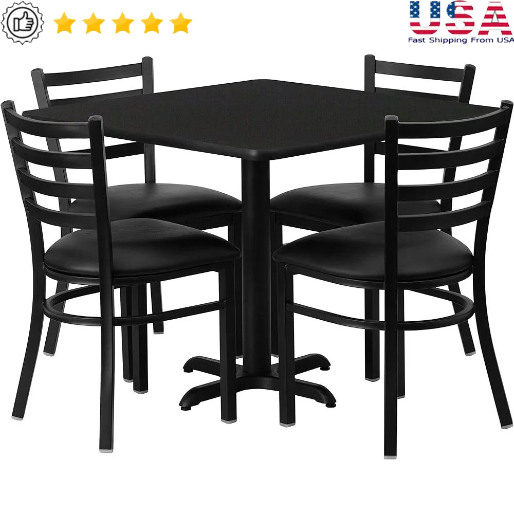 5 Piece Square Dining Set Restaurant Table with Sturdy X-Base and 4 Padded Ladder Back Chairs Commercial Grade Furniture