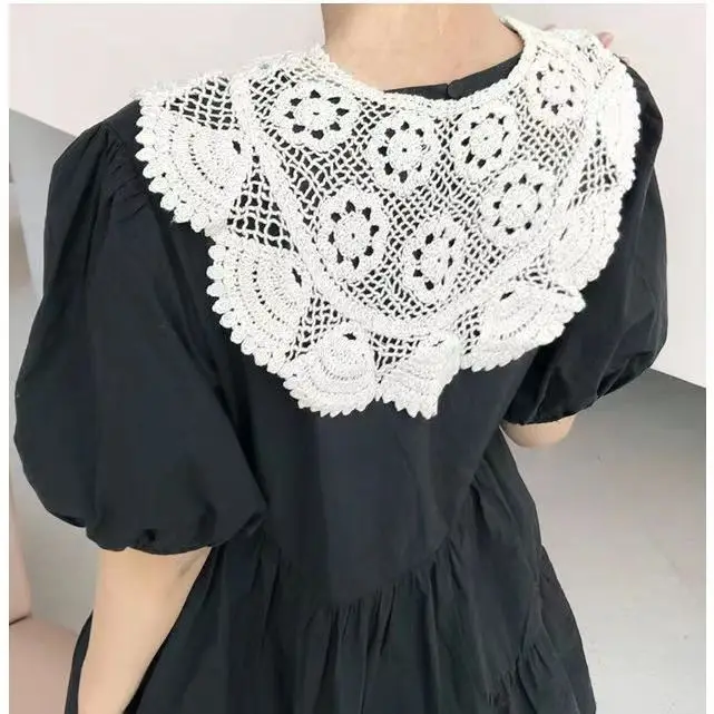 

Hollow Crochet Lace Detachable Collar Shawl Women Fake Collars O-Neck Doll False Collar Solid Color Half Shirt Collar