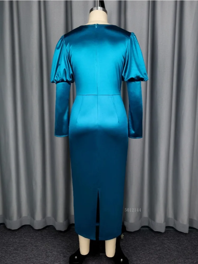 Fashion Satin Bodycon Dress Women V Neck Long Puff Sleeve Button High Waist Elegant Autumn Banquet Dinner Cocktail Party Dresses