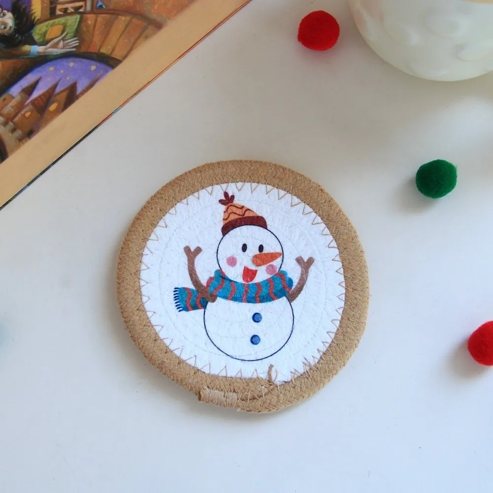 Santa Claus Trivet Christmas Cup Mat Woven Cotton Rope Heat Resistant Christmas Coaster Handmade Round Pot Table Mat Home Decor