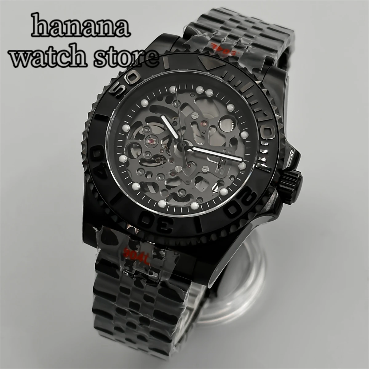 BLIGER 40mm high-end hollow men's mechanical diving watch NH72 automatic movement green glow-in-the-dark silicone strap