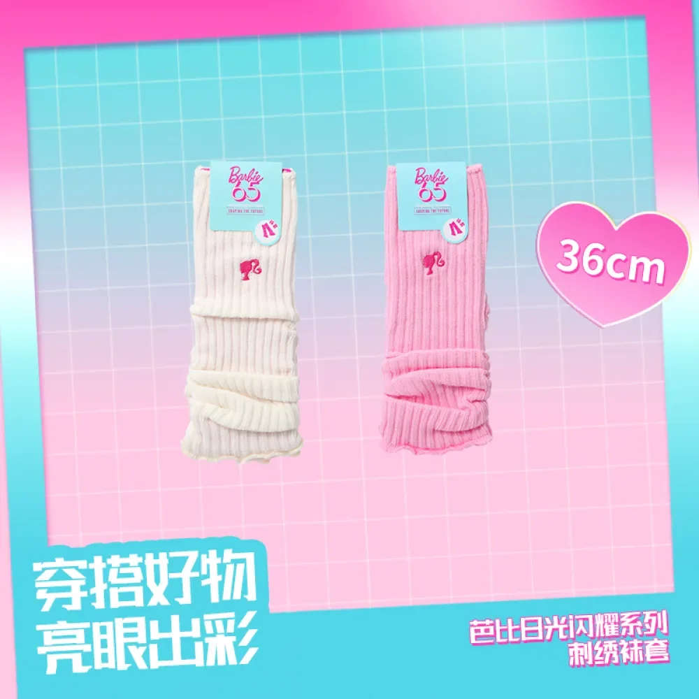 Kawaii Miniso Barbie Embroidered Socks Pile Socks Pink Girl Heart Cute Hot Girl White Calf Socks Stockings Gifts for Girls