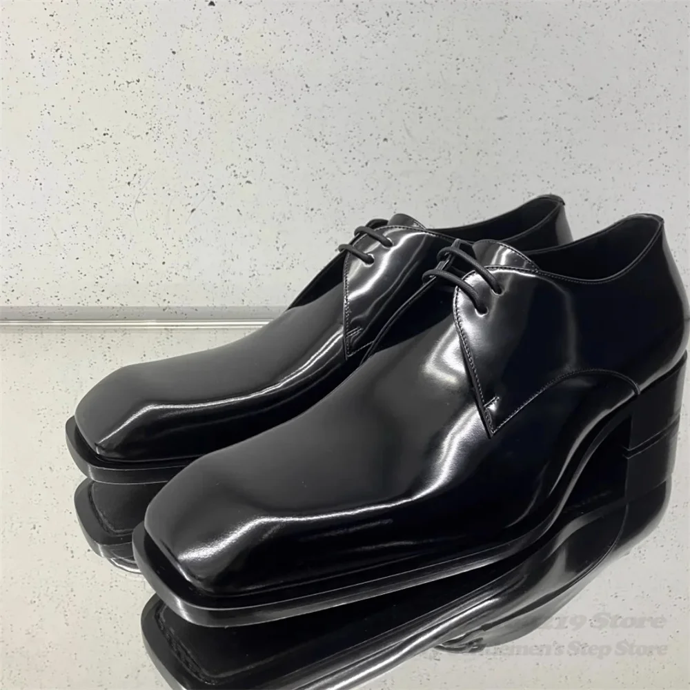 

Black Shiny Leather Lace Up Small Leather Shoes Men Square Toe Lace Up Thick Heels Derby Shoe Trendy Business Formal Dress Shoes