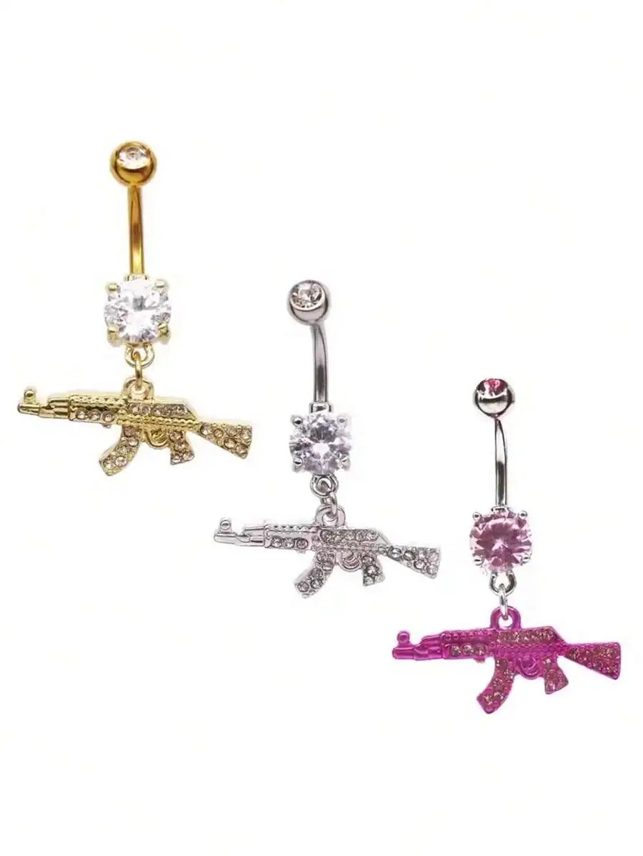 

AK-47 Gun Charm Belly Ring In Gold Silver Pink With Central Crystal And Full Rhinestone Coverage, Surgical Steel Navel Jewelry