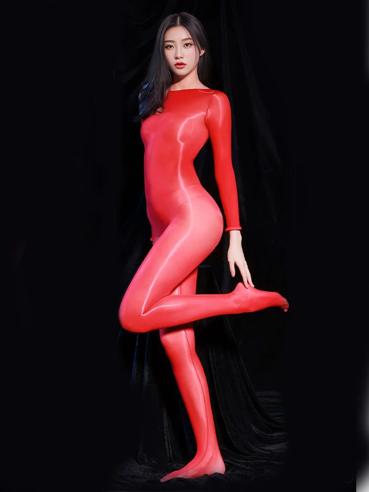 

Sexy Women Open Crotch Oil Glossy Shiny Elastic Bodysuit Sheer See Through Bodycon Tights Jumpsuits Seamless One Pieces Leotard